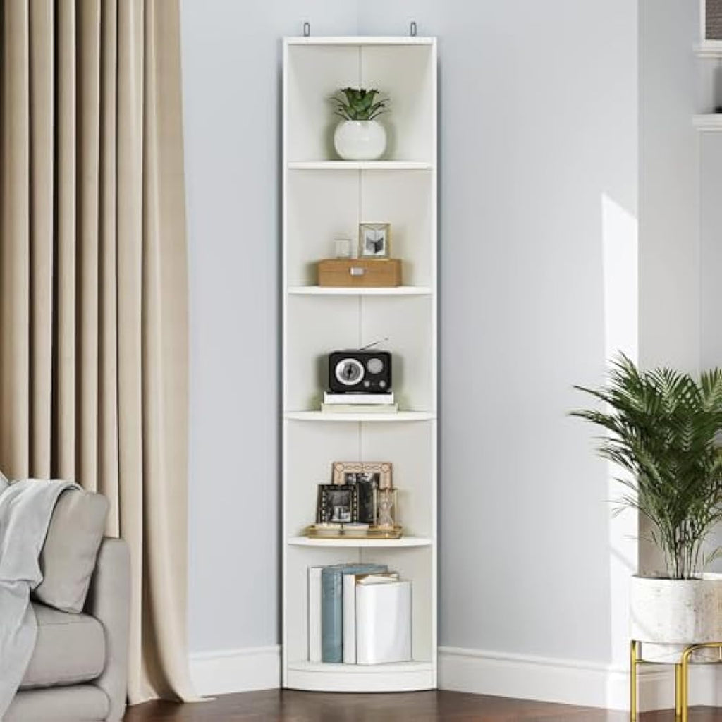 YITAHOME 5-Tier Corner Bookshelf – Modern White Wooden Display Shelf