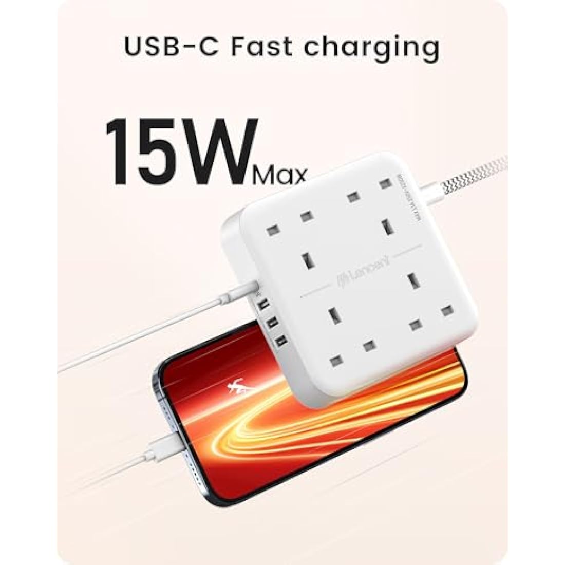 LENCENT 4-Way Power Strip – 3M Braided Extension Lead with USB-C & USB