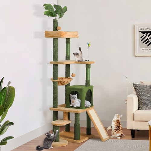 YITAHOME 72.8in Tall Cat Tree Tower with Leaves, Condo & Grooming Brush