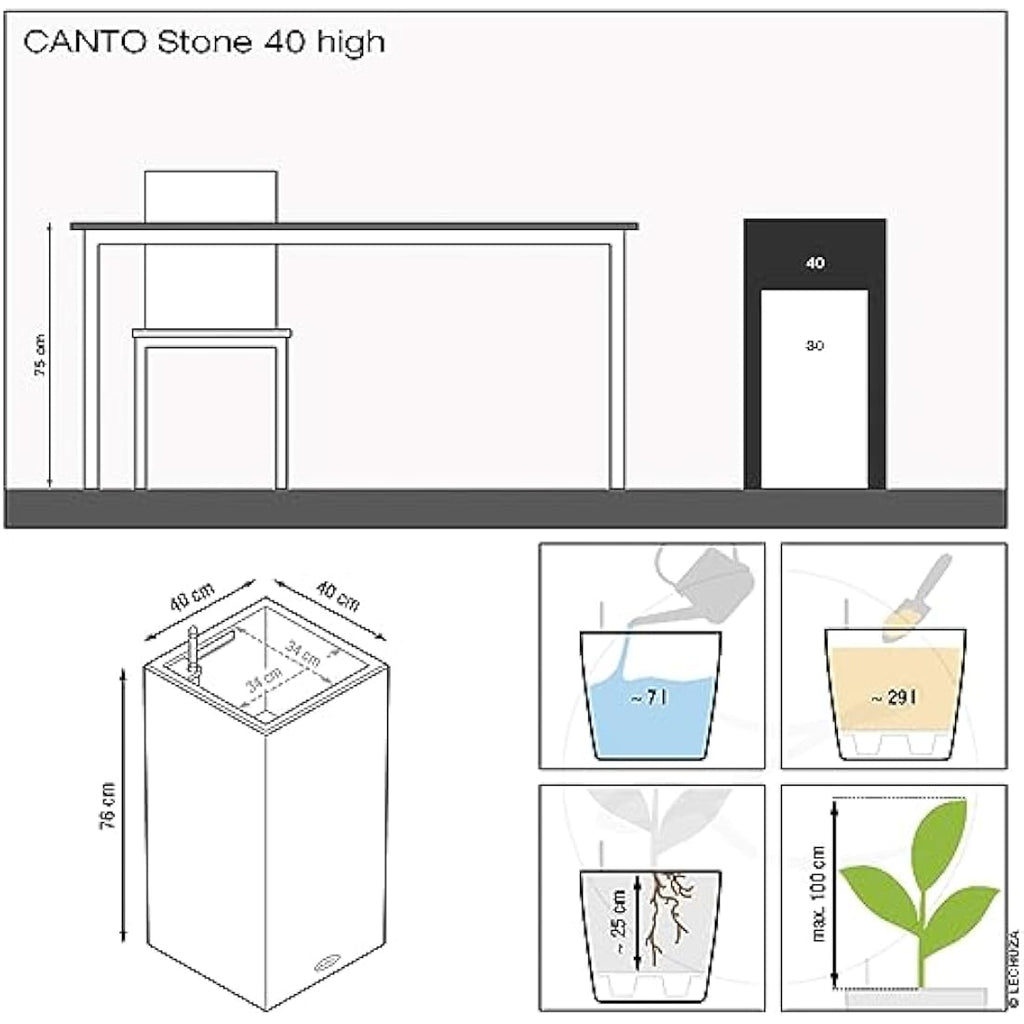 Lechuza Canto Stone 40 High Self-Watering Planter | Stone Grey Plastic