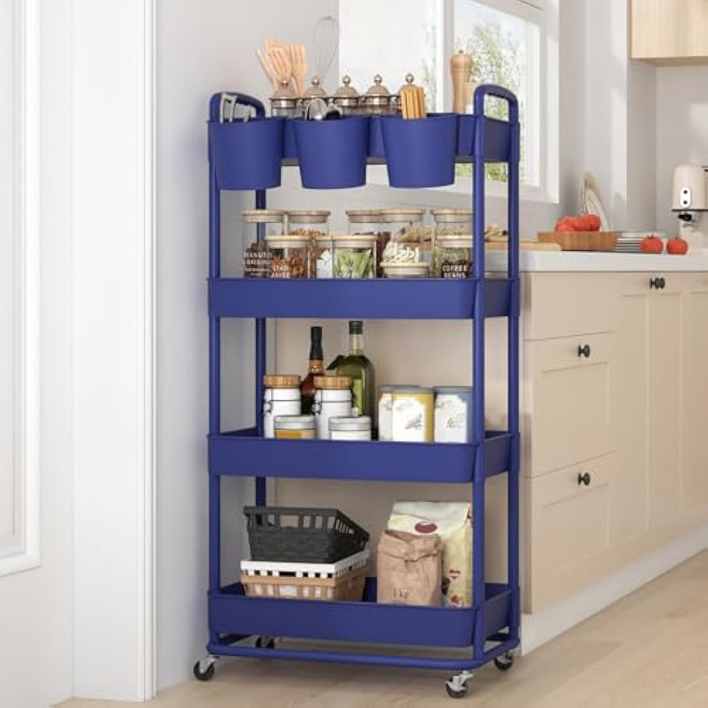 JIUYOTREE 4-Tier Rolling Utility Cart with Hanging Cups and Wheels - Blue