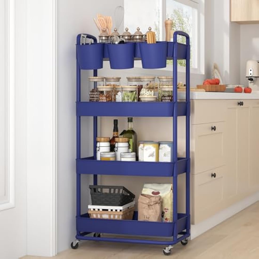 JIUYOTREE 4-Tier Rolling Utility Cart with Hanging Cups and Wheels - Blue