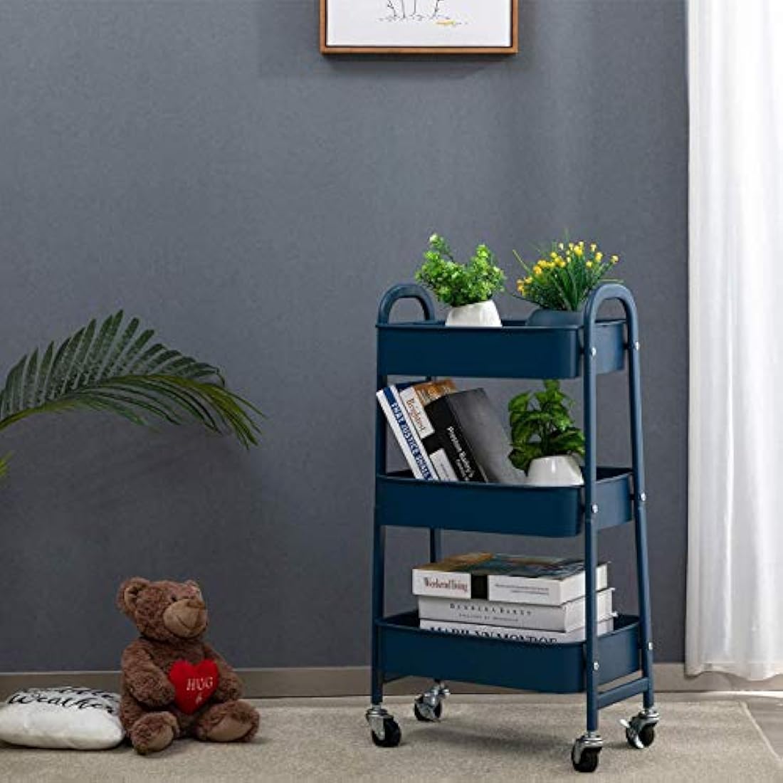 DOEWORKS 3-Tier Metal Rolling Utility Cart – Navy Blue Storage Trolley