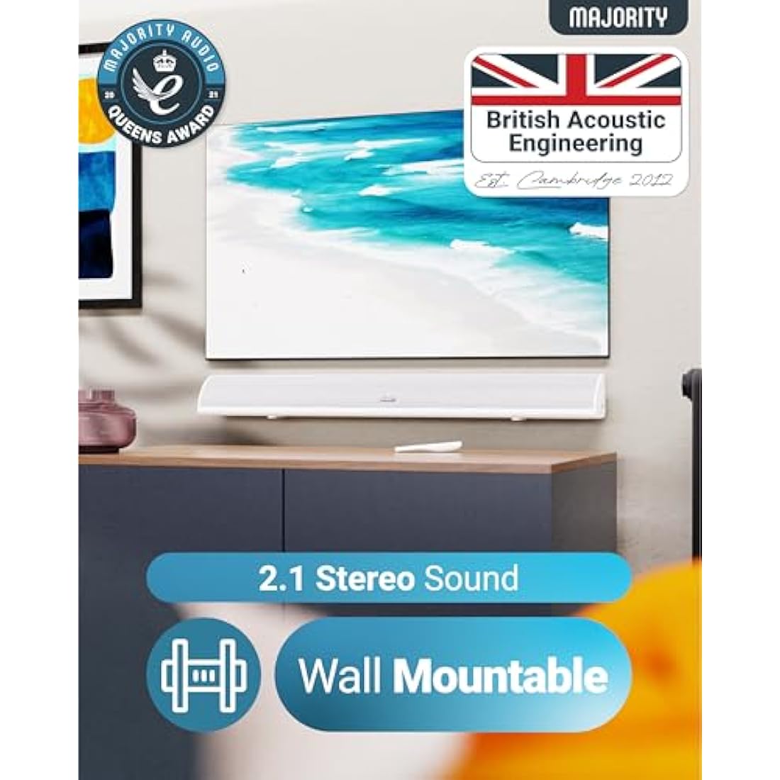 Majority Snowdon Bluetooth Soundbar with Built-in Subwoofer - 120W, White