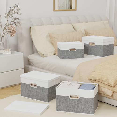 Yawinhe Collapsible Fabric Storage Bins with Lids - 3 Pack, White/Grey