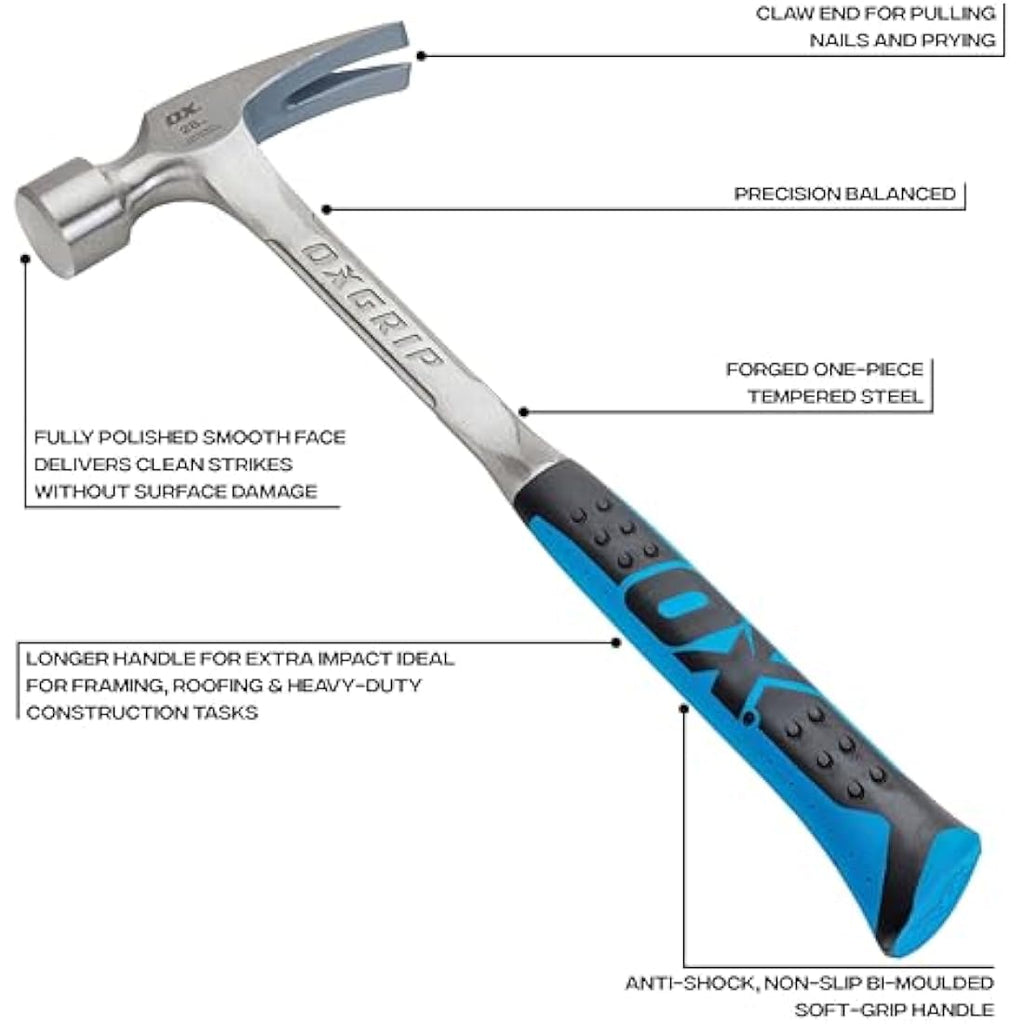 OX Pro Straight Claw Framing Hammer – Smooth Face Steel Tool, 28 oz