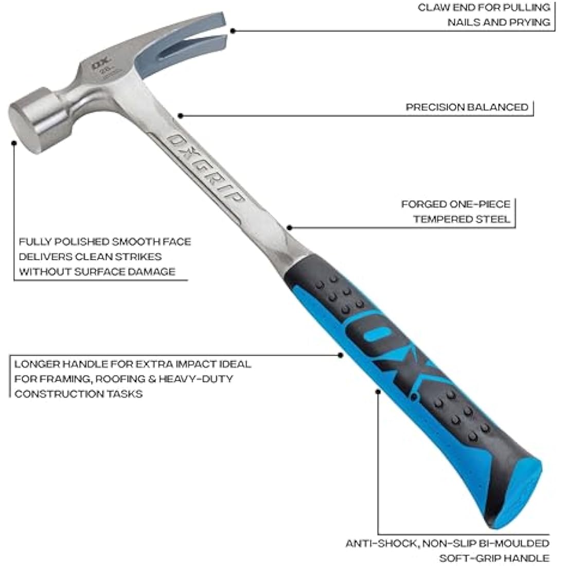 OX Pro Straight Claw Framing Hammer – Smooth Face Steel Tool, 28 oz