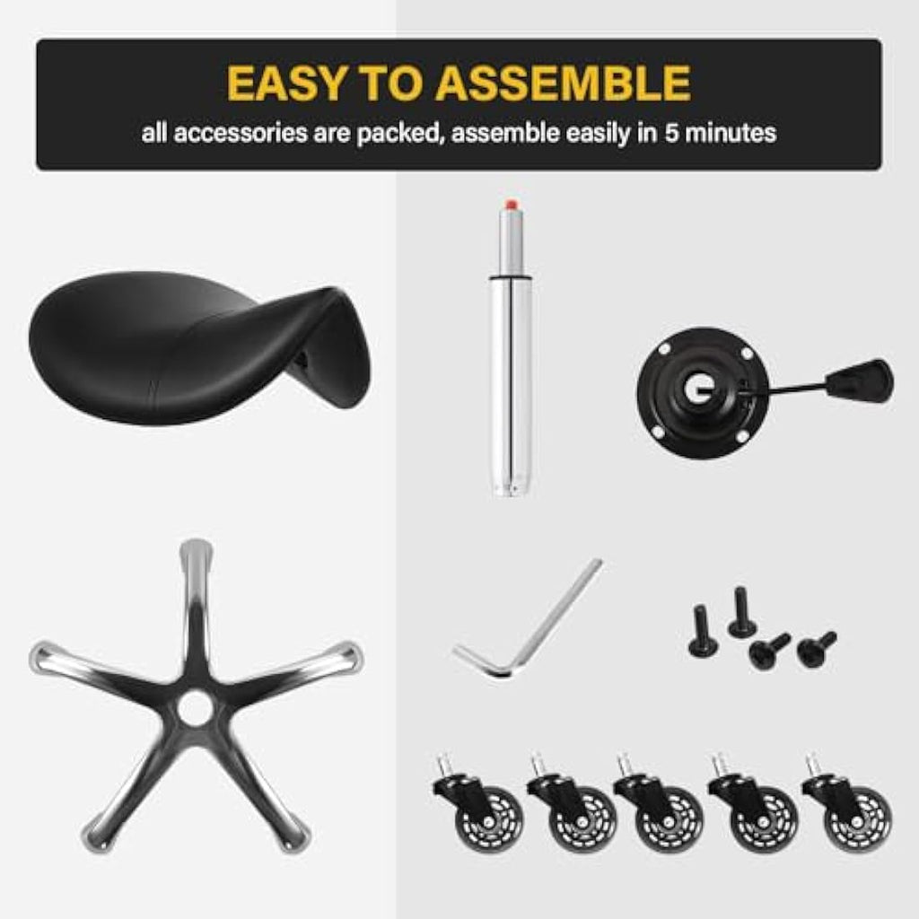 WKWKER Ergonomic Saddle Stool | Adjustable Swivel Rolling Chair - Black