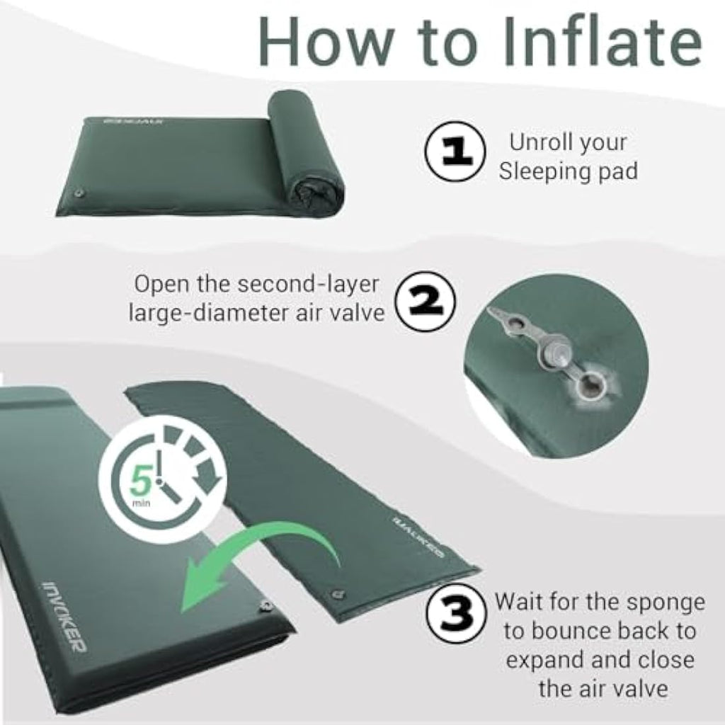 INVOKER Self Inflating Memory Foam Camping Sleeping Mat | Green