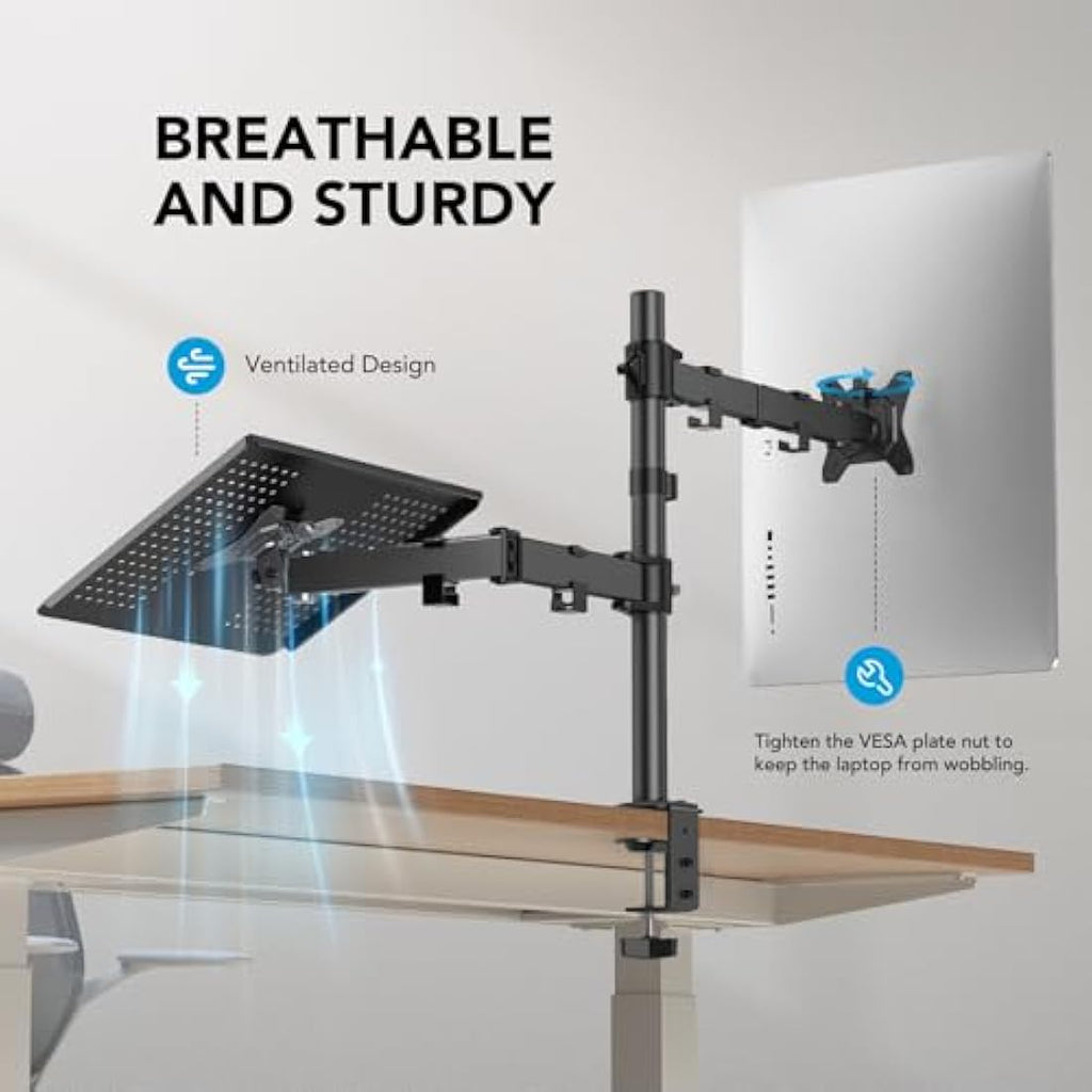 HUANUO Monitor Arm and Laptop Tray | Dual Desk Mount for 13-32" Screens