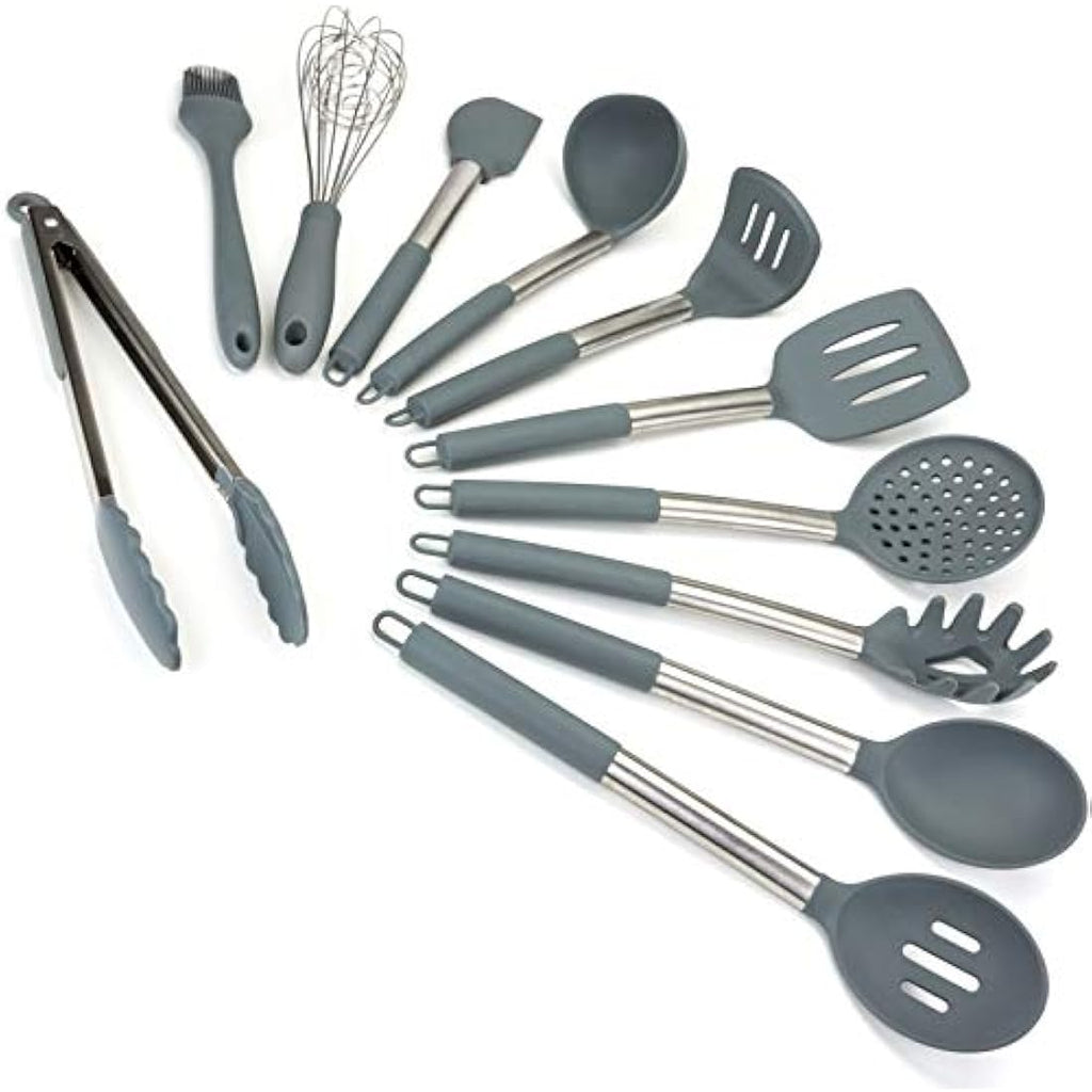Lantana 11pc Silicone Kitchen Utensil Set | Stainless Steel & Grey