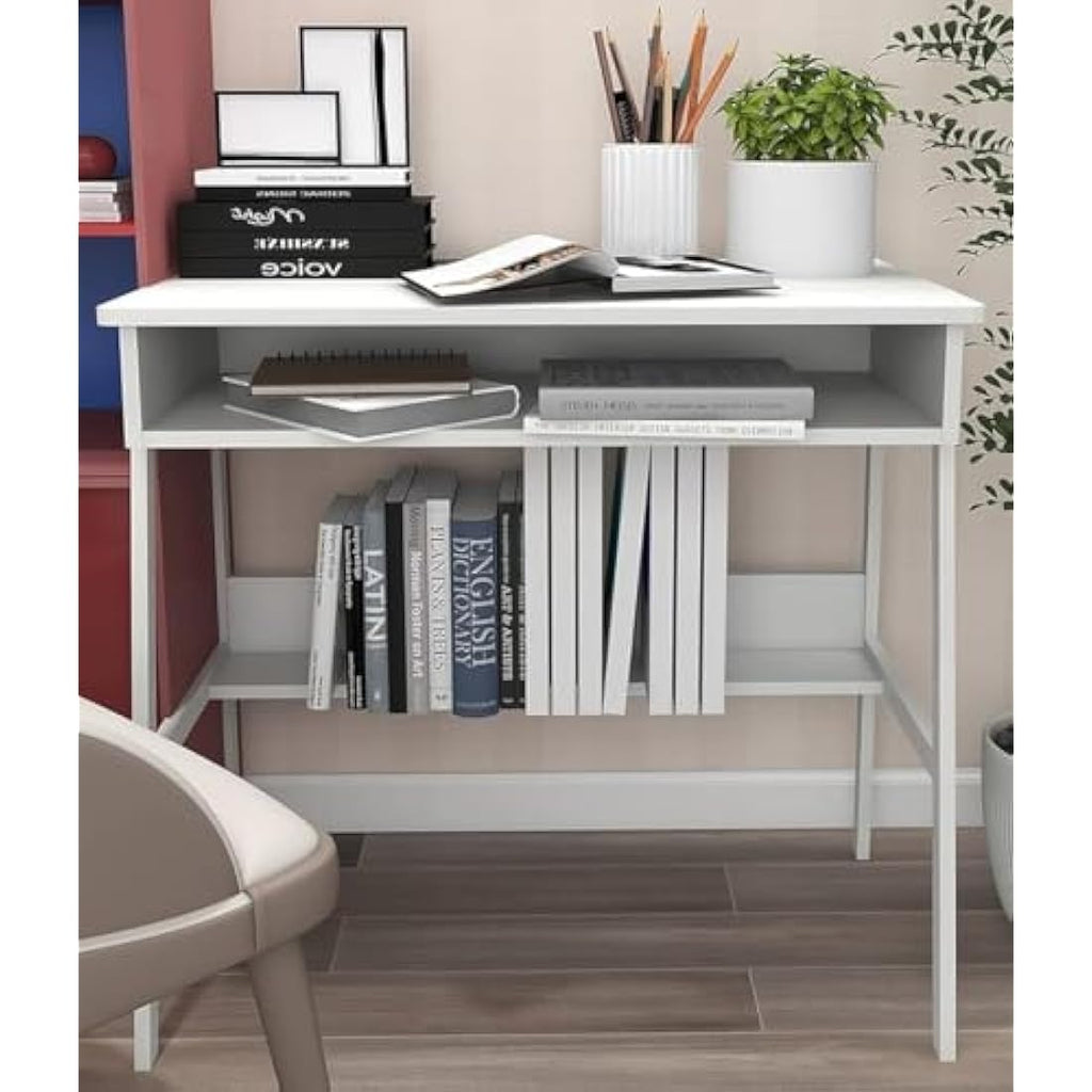 80cm Small Computer Desk with Drawer and Storage Shelf - White