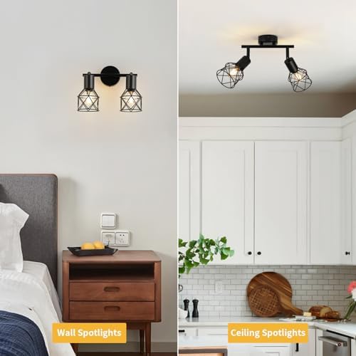 FORCOSO 2-Way Industrial Ceiling Spotlight | Black Metal Wire Cage Lamp