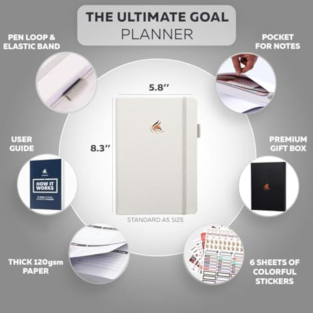 Clever Fox Goal Planner – Undated 90-Day Productivity Journal, Pearl White