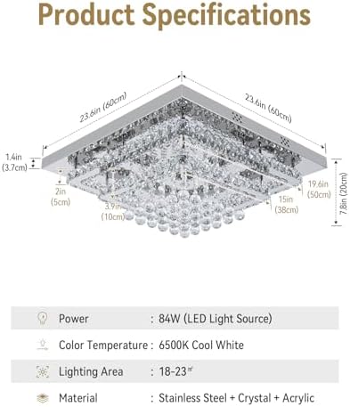 XEMQENER 84W Modern Square LED Crystal Chandelier - 60cm Flush Mount Light