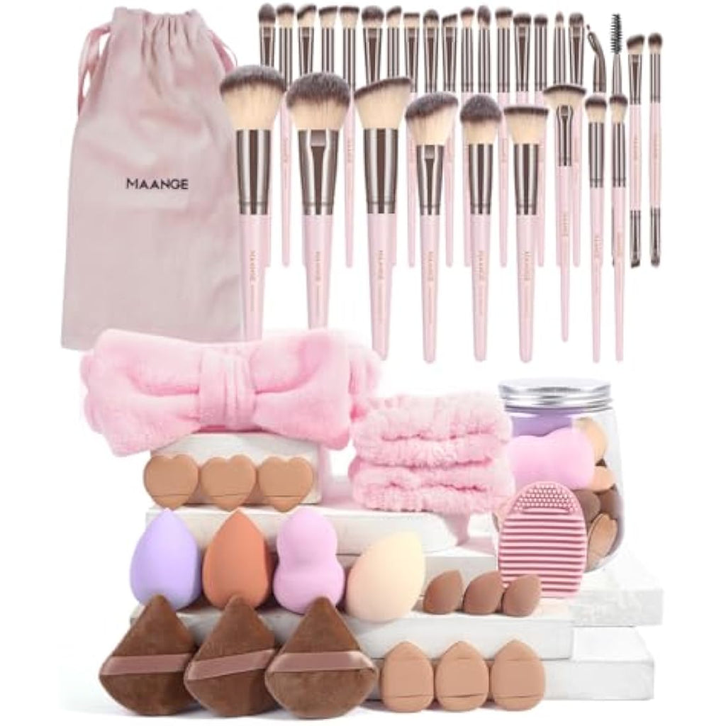 MAANGE 51-Piece Makeup Brush Set | Synthetic Tools with Bag - Pink