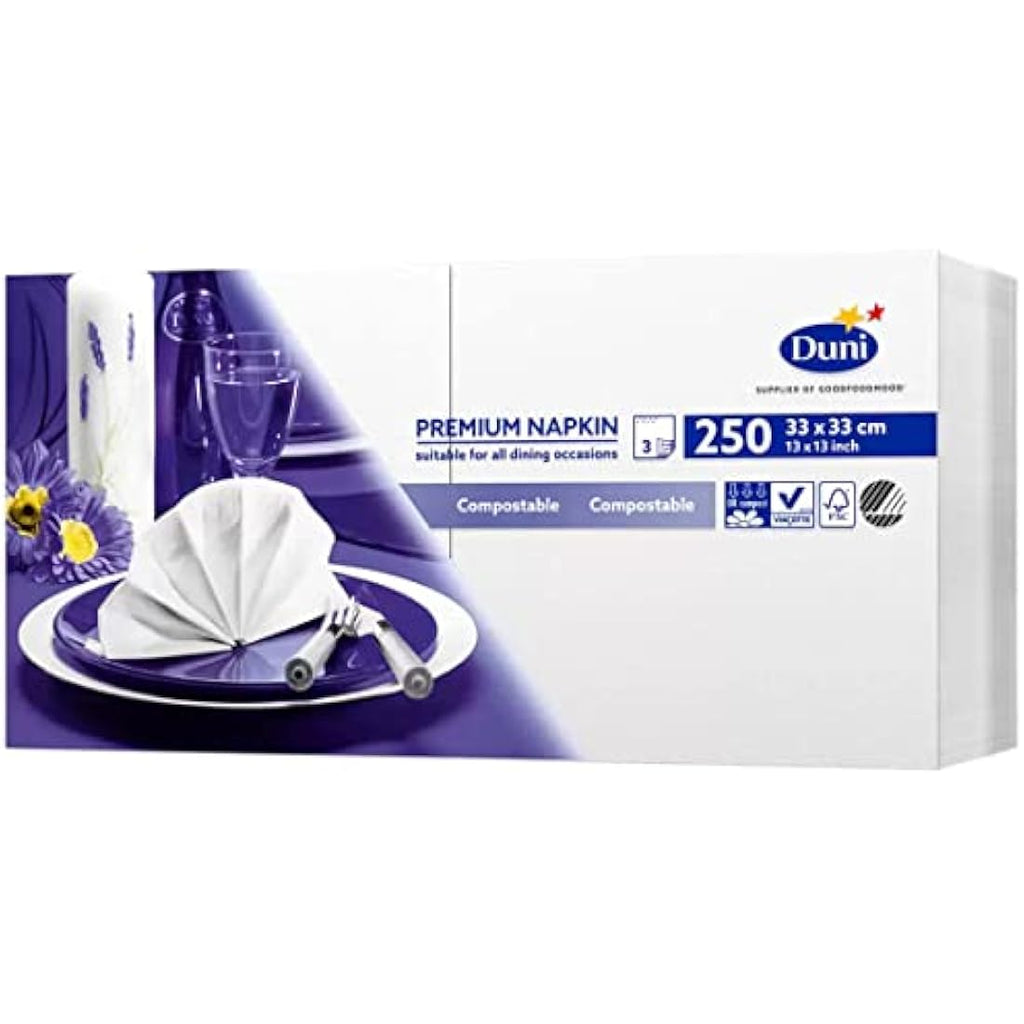 Duni Premium White Napkins – 250 Pack Large 3-Ply Disposable Tableware