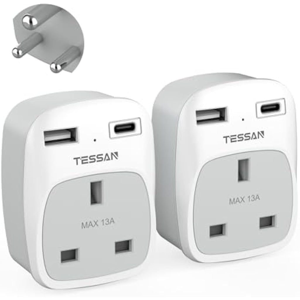 TESSAN UK to India Plug Adapter (Type D) with USB C - 2 Pack |