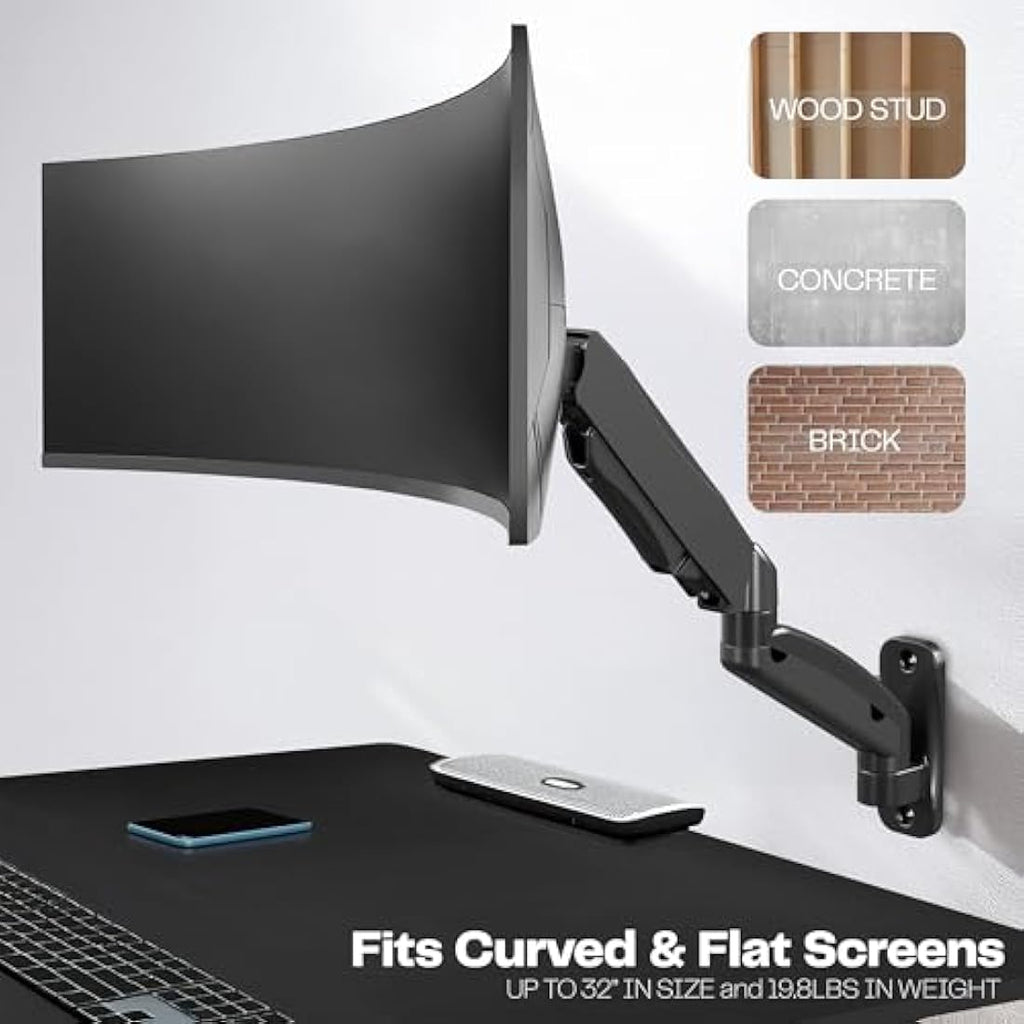 VIVO Single Monitor Wall Mount – Pneumatic Full Motion Arm for 17-27" Screens