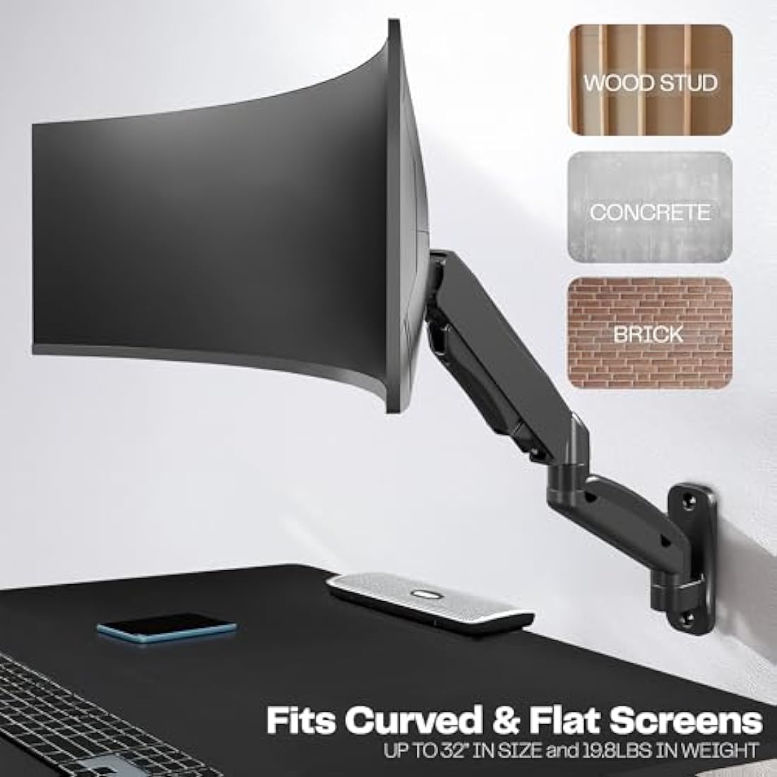 VIVO Single Monitor Wall Mount – Pneumatic Full Motion Arm for 17-27" Screens