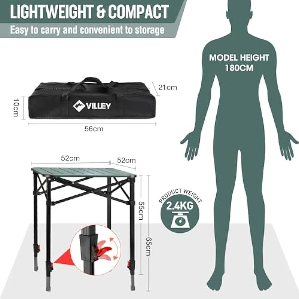 VILLEY Aluminum Camping Table | Adjustable Height Folding Roll Up Table
