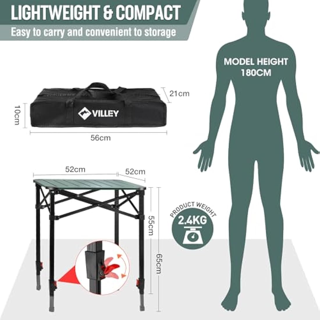 VILLEY Aluminum Camping Table | Adjustable Height Folding Roll Up Table