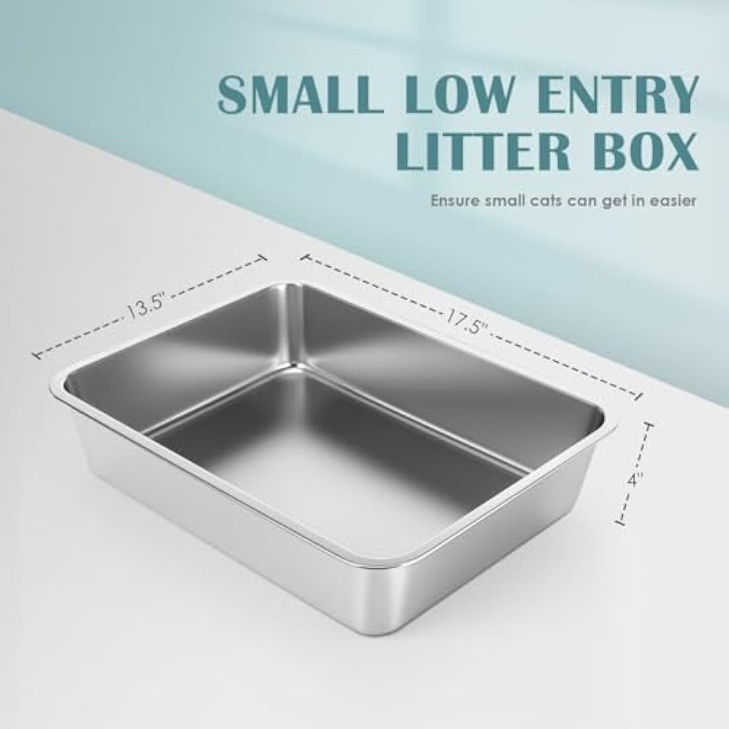 IKITCHEN Stainless Steel Cat Litter Box – Low Entry Metal Pan for Kittens