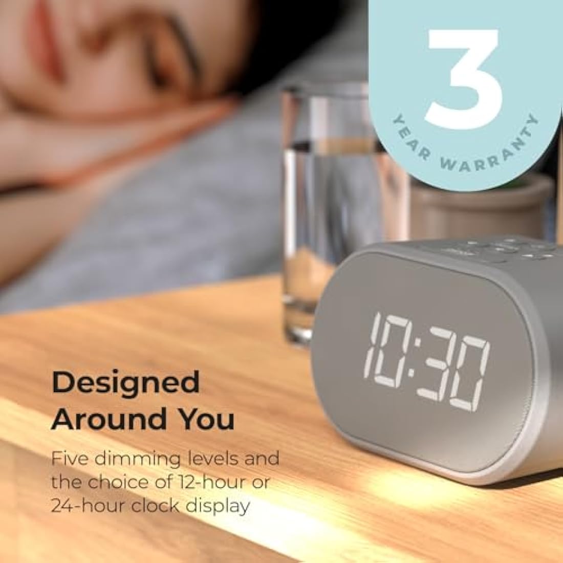 i-box Bedside FM Radio Alarm Clock with USB Charging & Dual Alarms - Grey