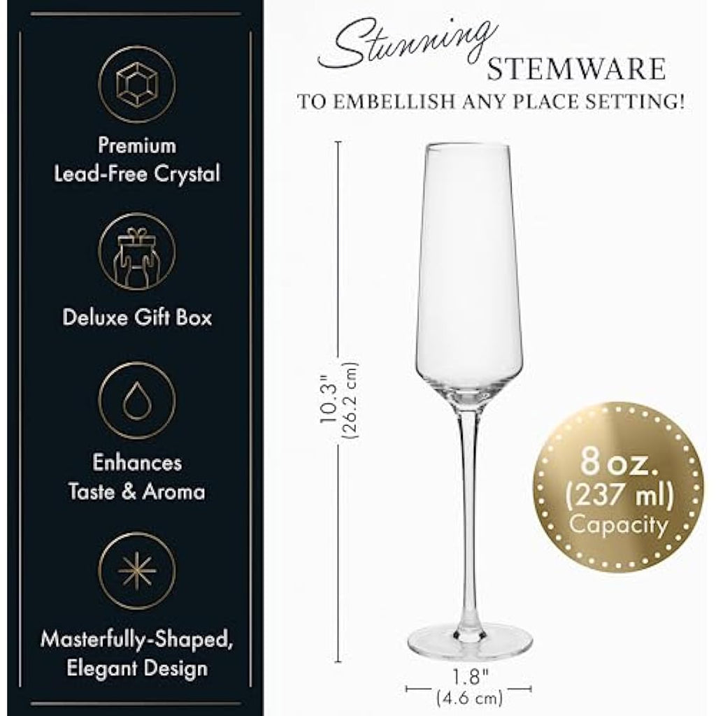 Elixir Glassware Hand Blown Crystal Champagne Flutes - Set of 4, 8oz
