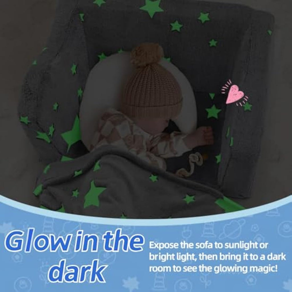 MeMoreCool Kids Fold Out Couch – Glow in The Dark Plush Toddler Sofa, Grey
