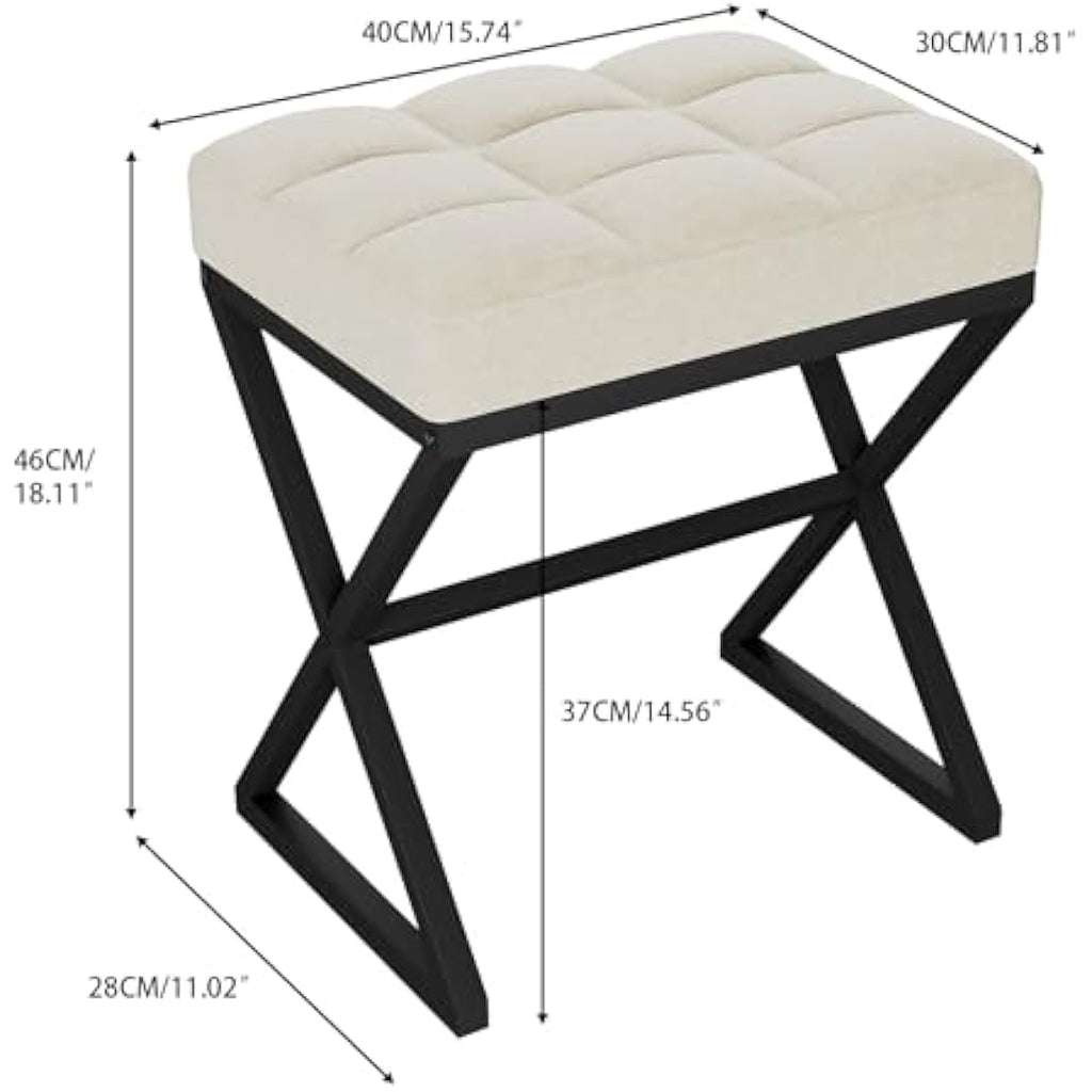 YMYNY Linen Vanity Stool – Square Ottoman with X-Shaped Metal Legs