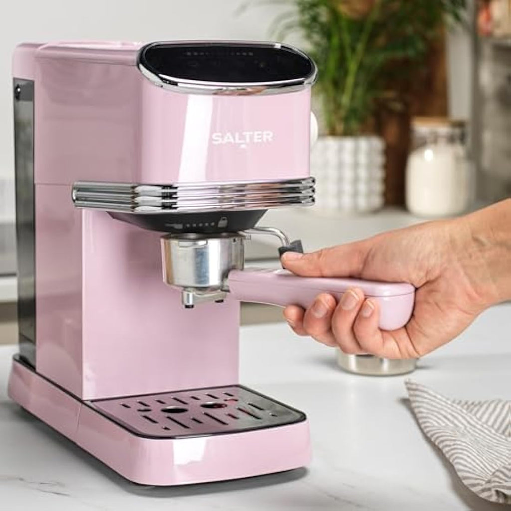 Salter Retro Espresso Machine – 20-Bar Pink Coffee Maker with Milk Frother