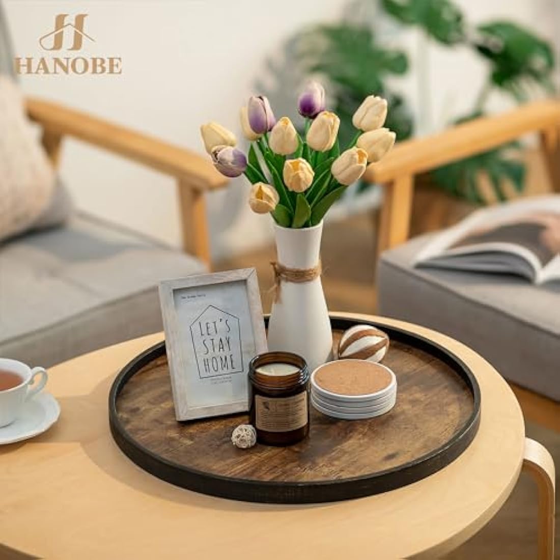 Hanobe 45cm Round Wooden Serving Tray – Rustic Ottoman Coffee Table Decor