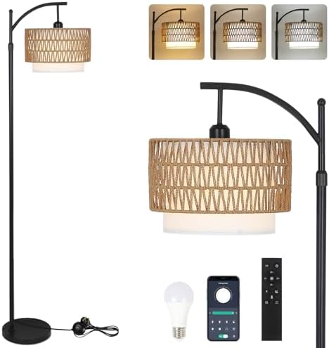 Rayofly Arc Floor Lamp | Dimmable Boho Standing Lamp with Rattan Shade