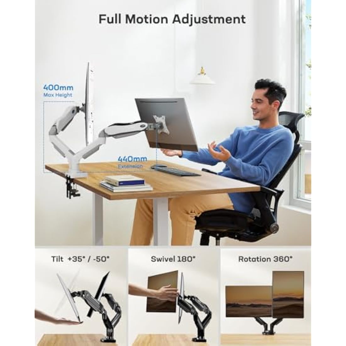 HUANUO White Dual Monitor Arm | Gas Spring Desk Mount for 13-32" Screens