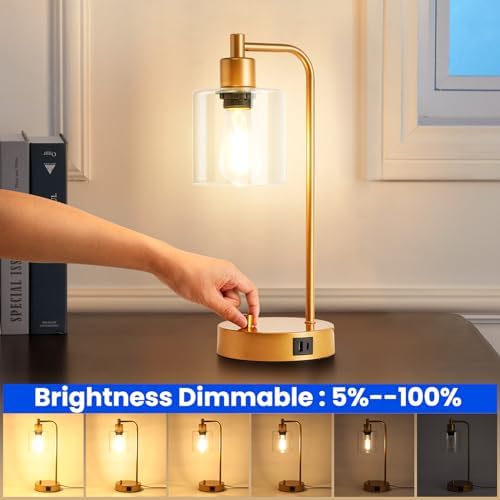 Homelist Industrial Gold Bedside Lamps – Set of 2 Dimmable USB Table Lamps
