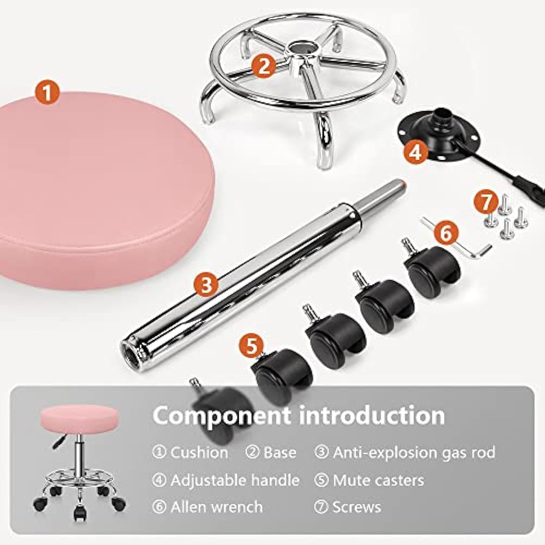 KKTONER PU Leather Rolling Stool - Swivel Salon Chair with Footrest, Pink