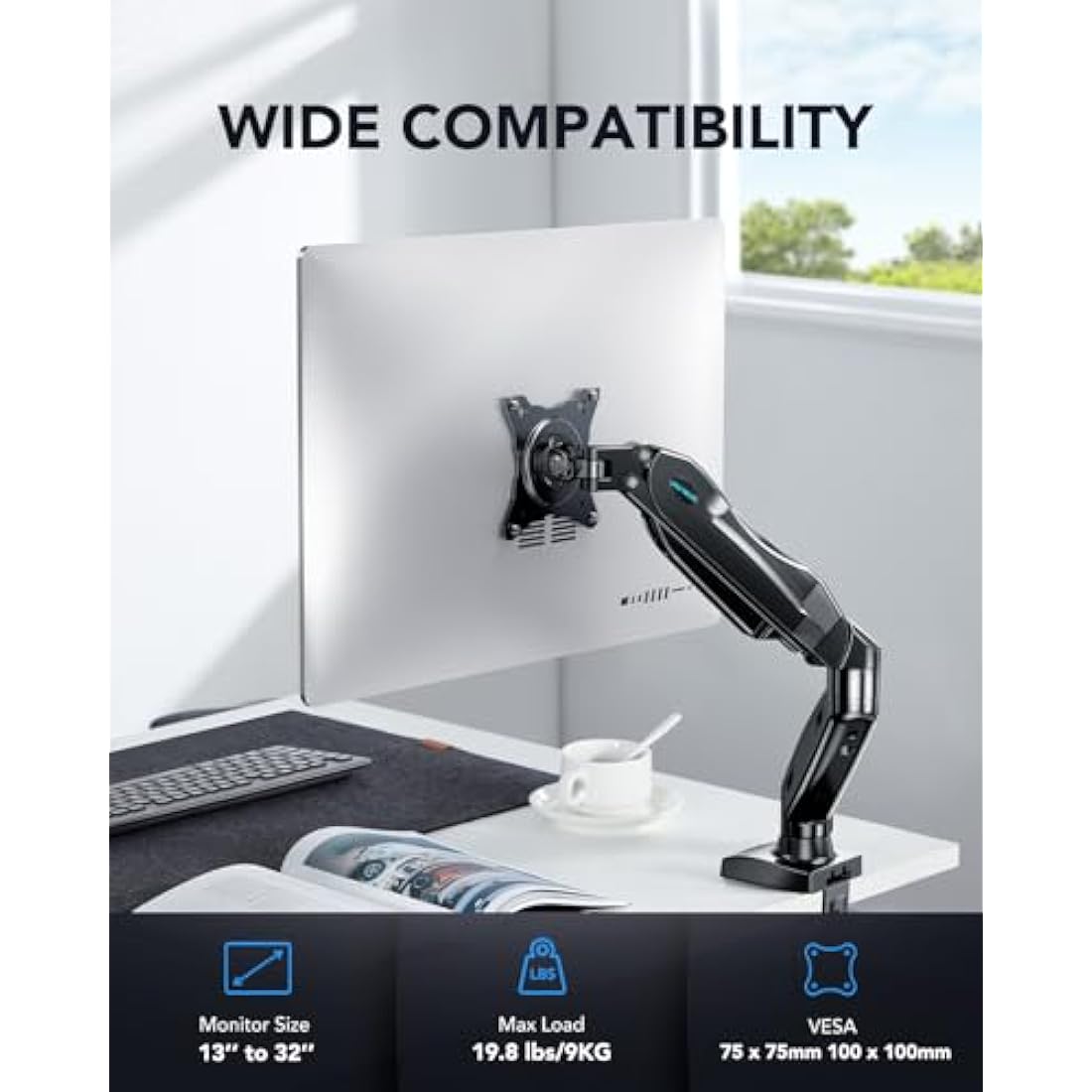 HUANUO Single Monitor Arm – Height Adjustable VESA Mount for 13-32" Screens