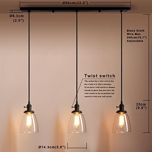 Industrial 3-Light Cluster Pendant – Black Glass Chandelier
