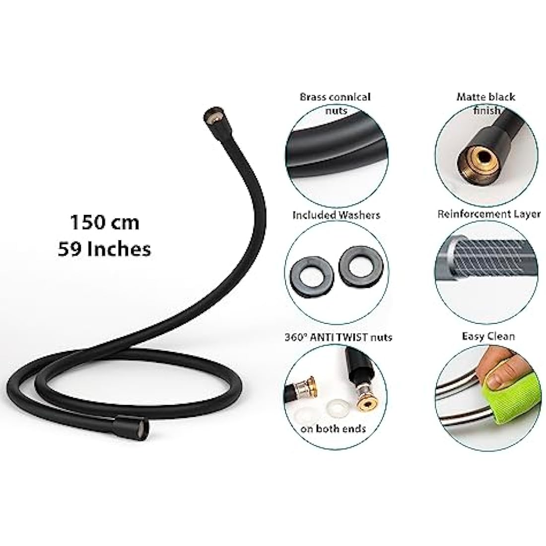 YOSSEE 1.5M PVC Shower Hose | Matt Black Anti-Twist Flexible Replacement