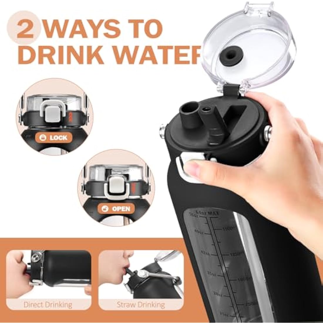 BLUEGO 2L Glass Water Bottle with Time Marker and Silicone Sleeve – Black