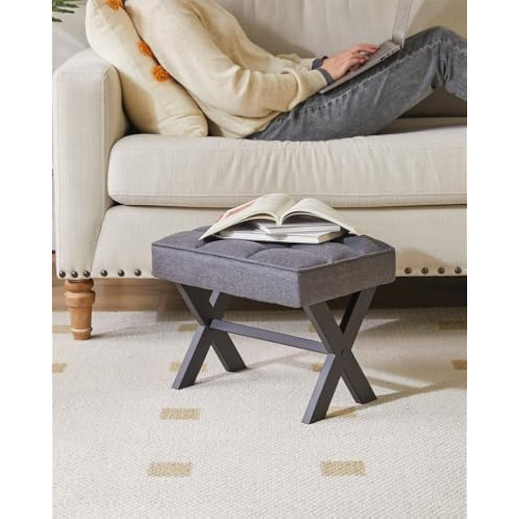 IBUYKE Small Square Linen Footrest Stool | Metal X-Leg Vanity Chair, Dark Gray