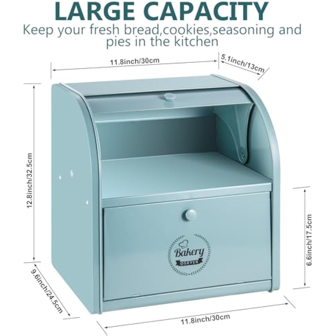 Dyserbuy Large 2-Layer Metal Bread Bin with Roll Top Lid - Green