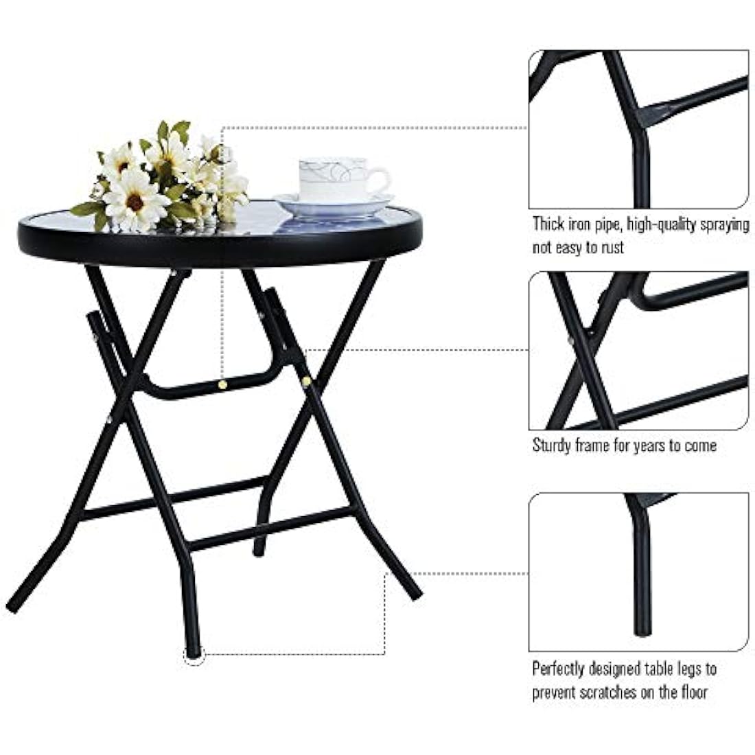 PHI VILLA Folding Side Table – Tempered Glass Round Patio Table, Blue