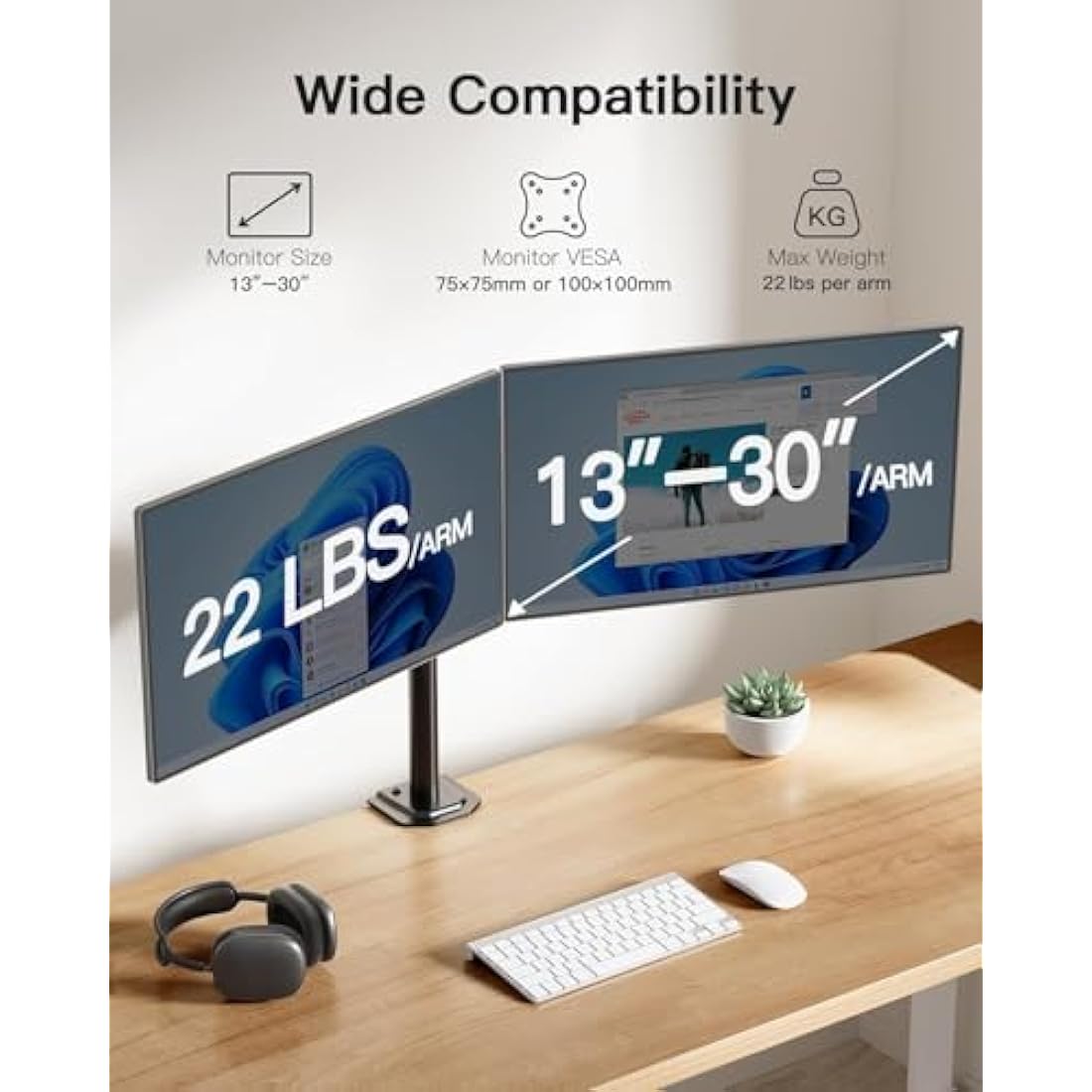 HUANUO Dual Monitor Stand | Adjustable Arm for 13-30 Inch VESA Screens