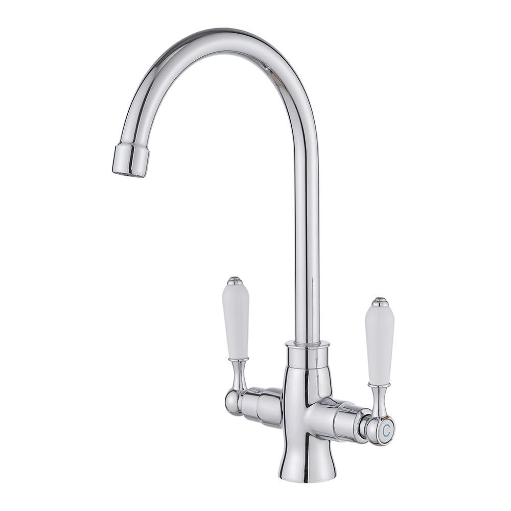 Heable Kitchen Sink Mixer Tap | White Ceramic Dual Lever Swivel Spout
