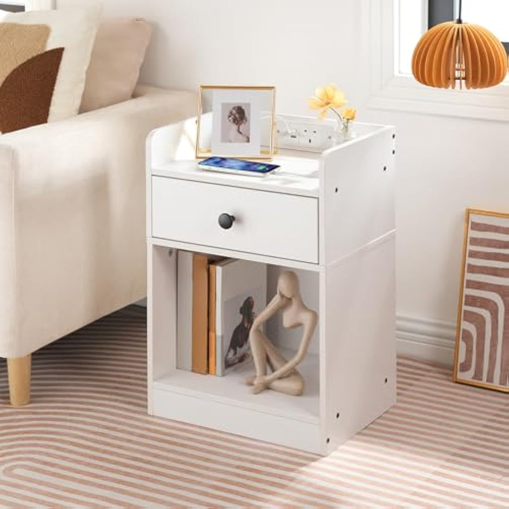 HOOBRO White Bedside Table with Charging Station and Drawer