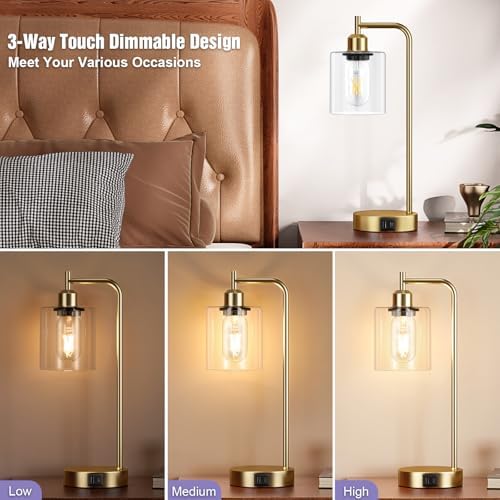 Aooshine Industrial Touch Bedside Lamps Set of 2 | Gold with USB C+A