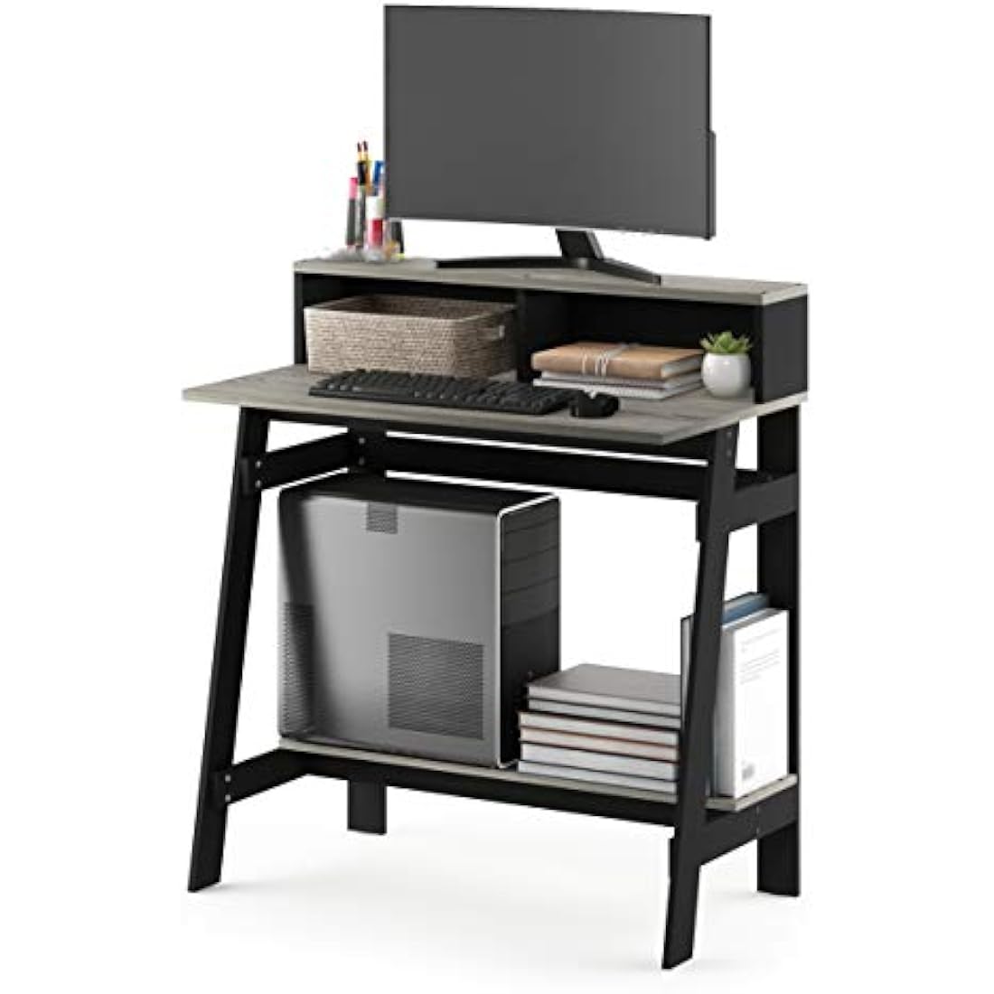 Furinno Simplistic A-Frame Computer Desk with Hutch - Black/French Oak