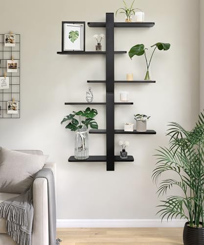 SUMGAR Floating Shelves – 3 Tier Black Pine Wood Wall Mounted Shelving Unit